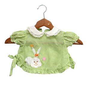Vintage Baby Girl Green Dress Gingham Checkered Outfit Lightweight Bunny Frills